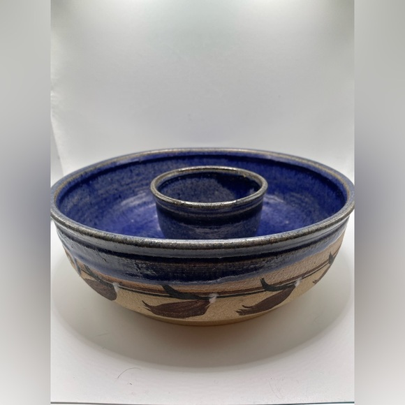 Hand Thrown Pottery Chip And Dip Bowl; Artist Signed; Cobalt Blue - Picture 1 of 5
